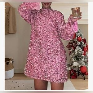 Women's Sequined Dress New Round Neck Long Sleeved Loose Oversized Sexy Sequin S